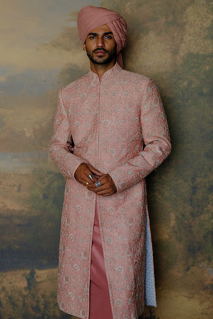 Peach Silk Zardosi Embroidered Groom Sherwani Set by JAYANTI REDDY MEN at Pernia's Pop Up Shop