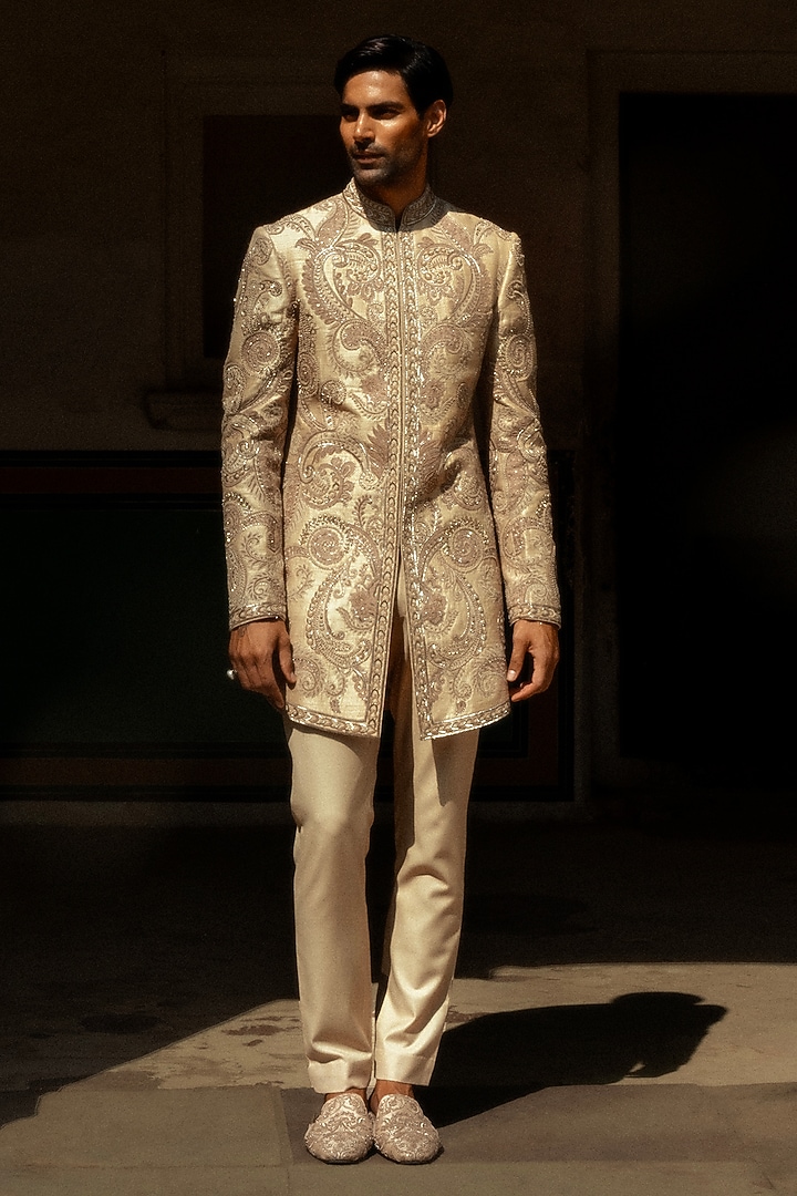 Beige Raw Silk Hand Embroidered Groom Sherwani Set by JAYANTI REDDY MEN at Pernia's Pop Up Shop