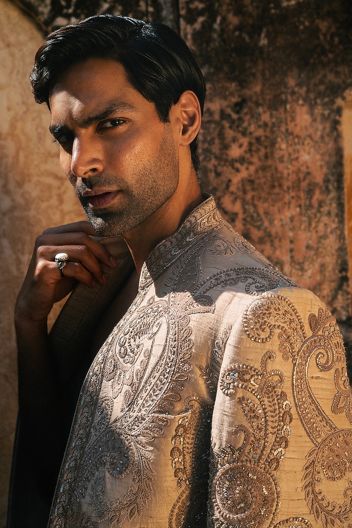 Beige Raw Silk Hand Embroidered Groom Sherwani Set by JAYANTI REDDY MEN at Pernia's Pop Up Shop