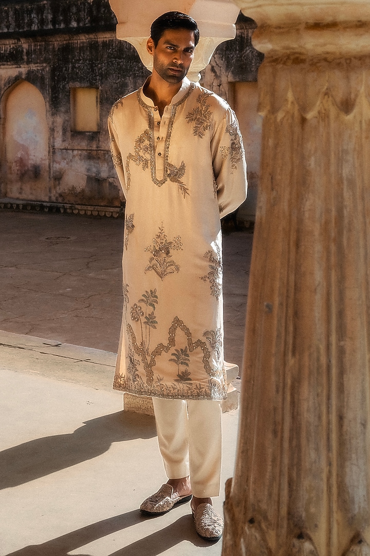 Beige Silk Zardosi Hand Embroidered Kurta Set by JAYANTI REDDY MEN at Pernia's Pop Up Shop