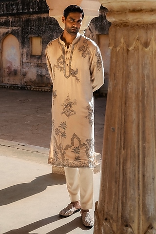 Beige Silk Zardosi Hand Embroidered Kurta Set by JAYANTI REDDY MEN