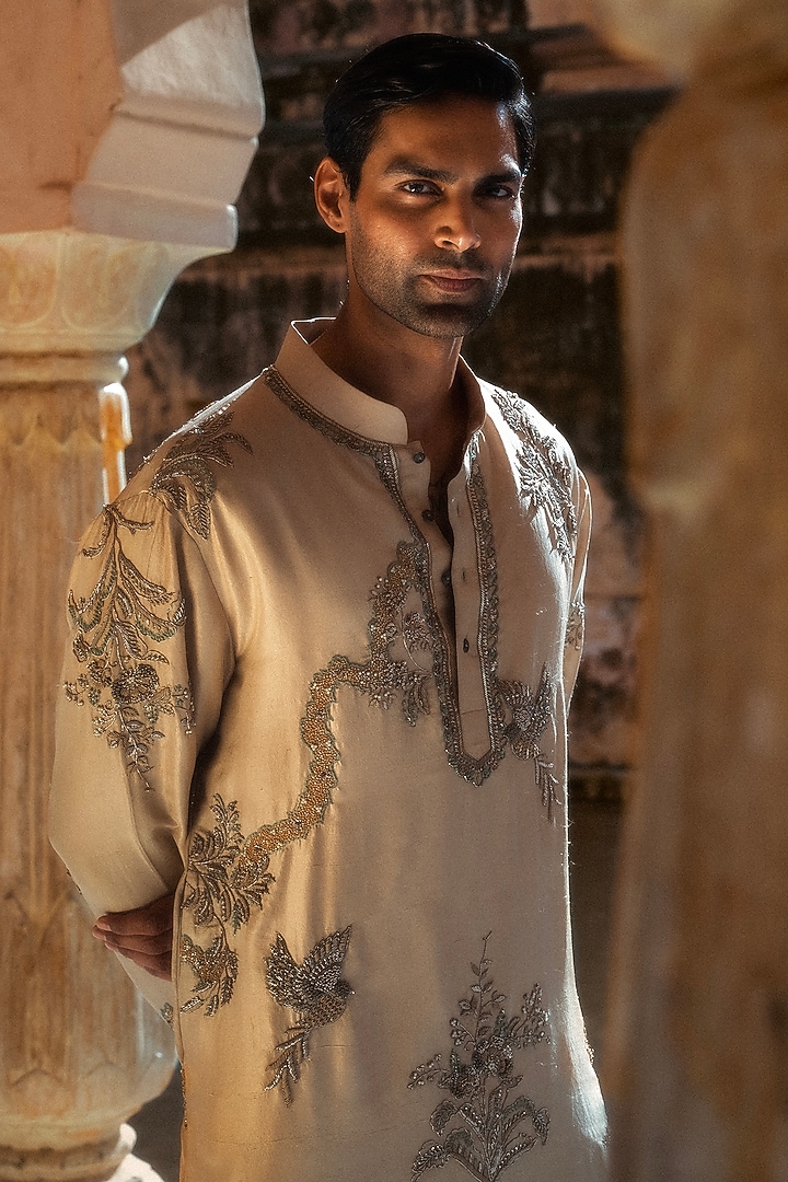 Beige Silk Zardosi Hand Embroidered Kurta Set by JAYANTI REDDY MEN at Pernia's Pop Up Shop