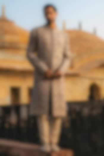 Beige Raw Silk Hand Embroidered Groom Sherwani Set by JAYANTI REDDY MEN at Pernia's Pop Up Shop