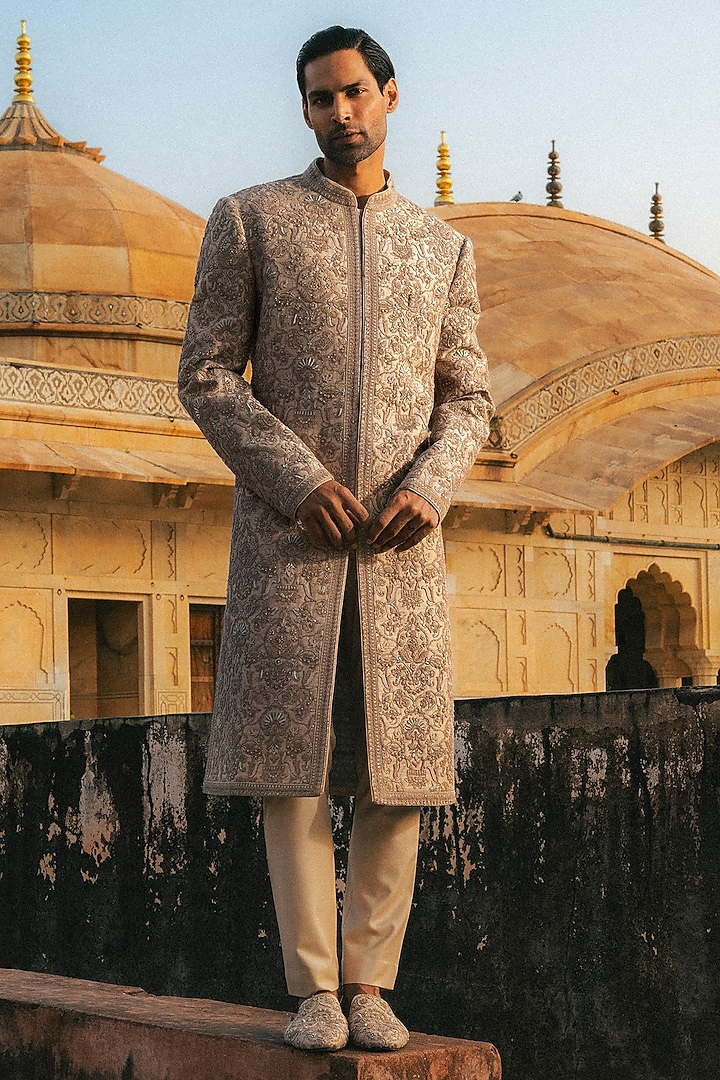 Beige Raw Silk Hand Embroidered Groom Sherwani Set by JAYANTI REDDY MEN at Pernia's Pop Up Shop