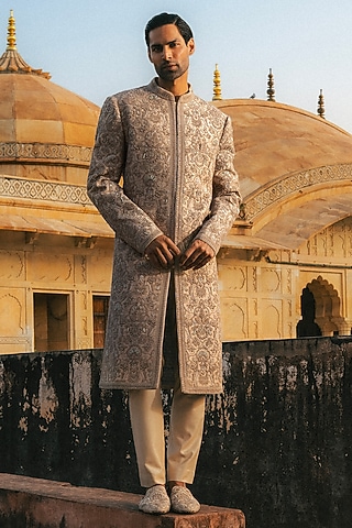 Beige Raw Silk Hand Embroidered Sherwani Set by JAYANTI REDDY MEN