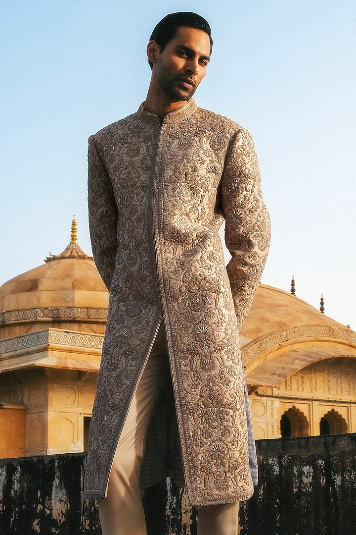 Beige Raw Silk Hand Embroidered Groom Sherwani Set by JAYANTI REDDY MEN at Pernia's Pop Up Shop