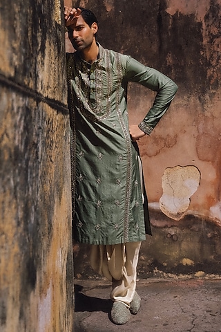 Mint Green Silk Hand Embroidered Kurta Set by JAYANTI REDDY MEN