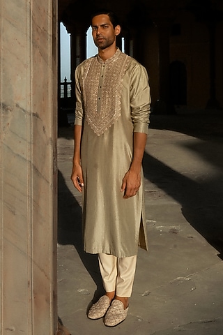 Golden Beige Silk Hand Embroidered Kurta Set by JAYANTI REDDY MEN