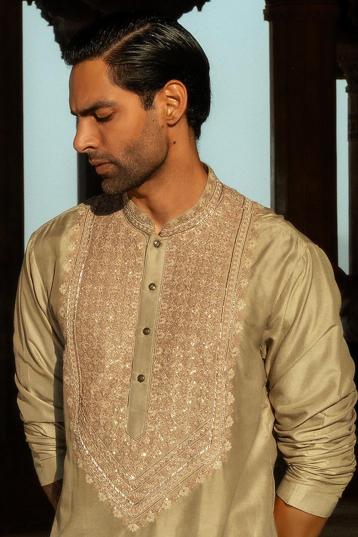 Golden Beige Silk Hand Embroidered Kurta Set by JAYANTI REDDY MEN at Pernia's Pop Up Shop