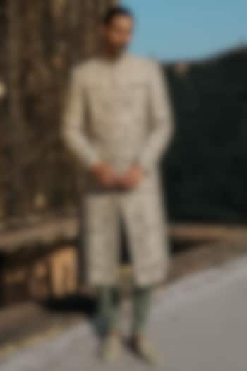 Beige Raw Silk Hand Embroidered Groom Sherwani Set by JAYANTI REDDY MEN at Pernia's Pop Up Shop