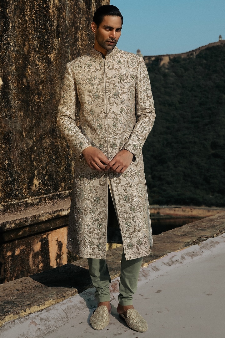 Beige Raw Silk Hand Embroidered Groom Sherwani Set by JAYANTI REDDY MEN at Pernia's Pop Up Shop
