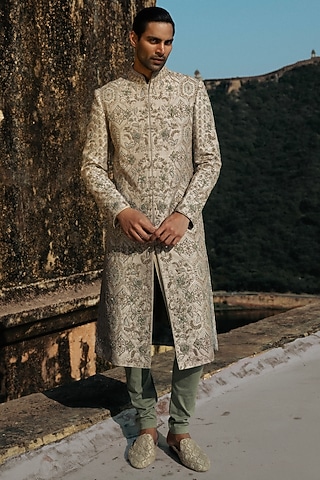Beige Raw Silk Hand Embroidered Sherwani Set by JAYANTI REDDY MEN