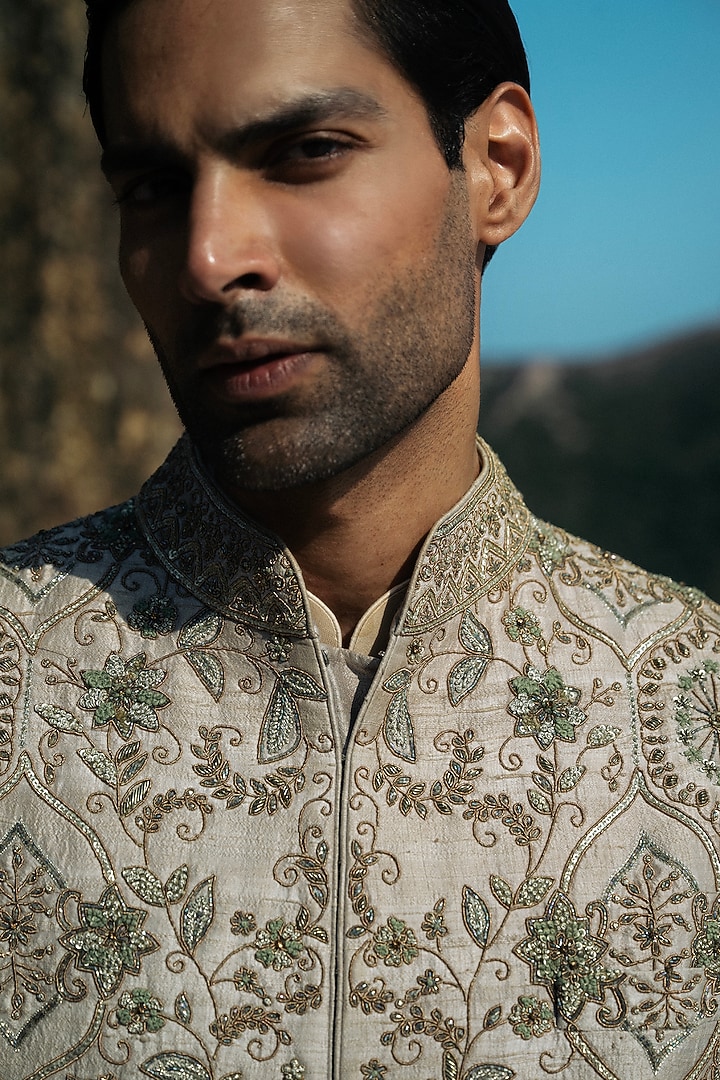 Beige Raw Silk Hand Embroidered Groom Sherwani Set by JAYANTI REDDY MEN at Pernia's Pop Up Shop