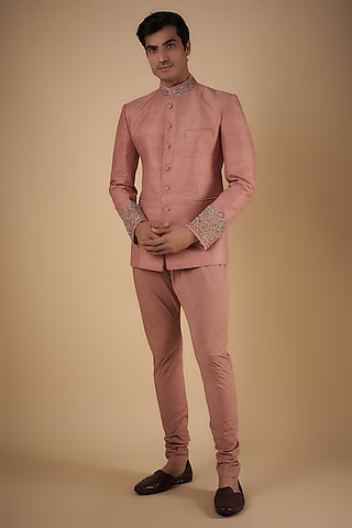 Peach Pink Silk Embroidered Textured Bandhgala Set by JAYANTI REDDY MEN