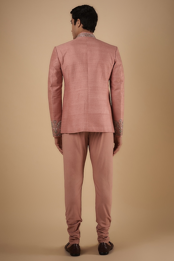 Peach Pink Silk Embroidered Textured Wedding Bandhgala Set by JAYANTI REDDY MEN at Pernia's Pop Up Shop