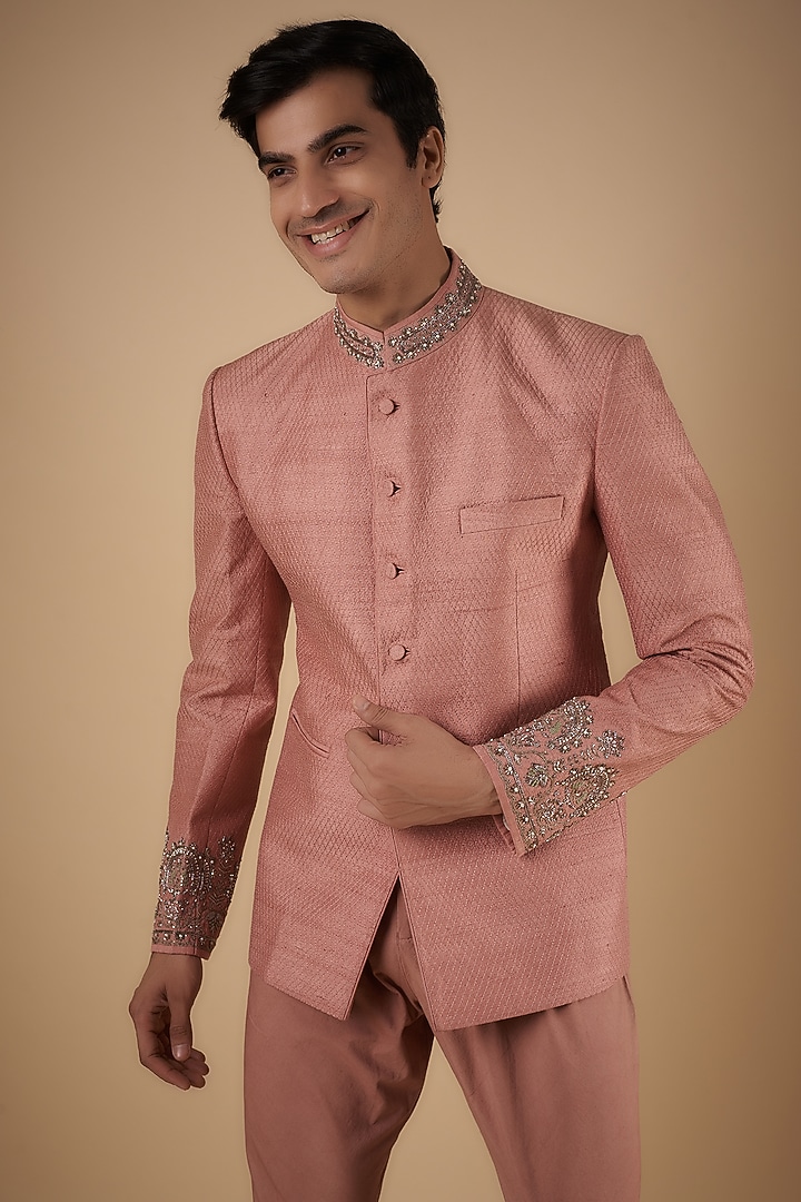 Peach Pink Silk Embroidered Textured Wedding Bandhgala Set by JAYANTI REDDY MEN at Pernia's Pop Up Shop