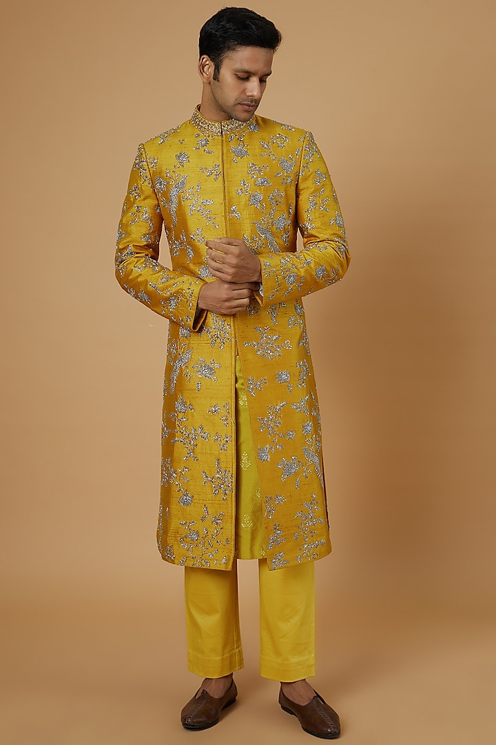 Yellow Raw Silk Embroidered Sherwani Set by JAYANTI REDDY MEN