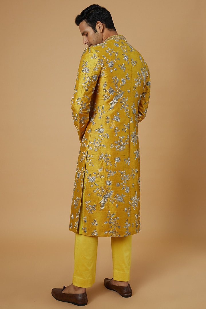 Yellow Raw Silk Embroidered Groom Sherwani Set by JAYANTI REDDY MEN at Pernia's Pop Up Shop