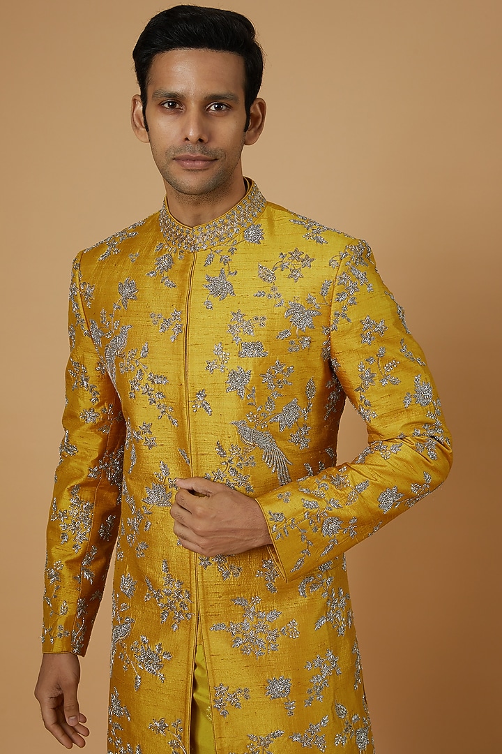 Yellow Raw Silk Embroidered Groom Sherwani Set by JAYANTI REDDY MEN at Pernia's Pop Up Shop