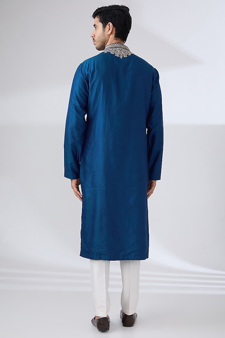 Blue Silk Embroidered Kurta by JAYANTI REDDY MEN at Pernia's Pop Up Shop