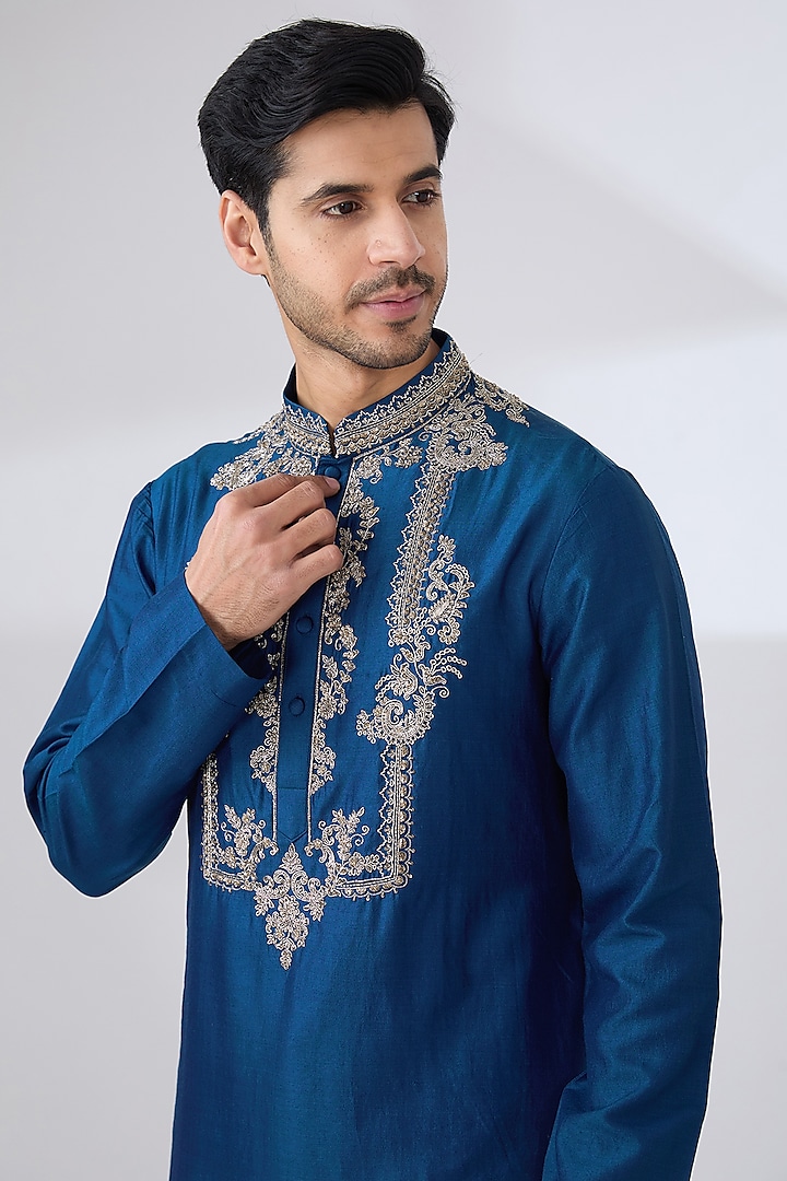 Blue Silk Embroidered Kurta by JAYANTI REDDY MEN at Pernia's Pop Up Shop
