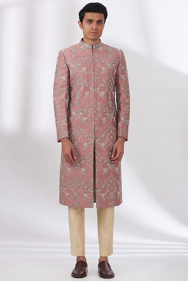 Pink Raw Silk Embroidered Groom Sherwani by JAYANTI REDDY MEN at Pernia's Pop Up Shop