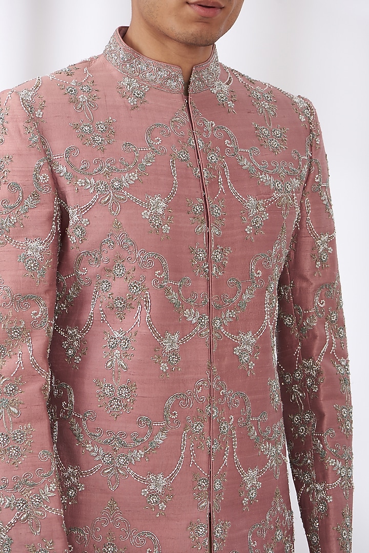 Pink Raw Silk Embroidered Groom Sherwani by JAYANTI REDDY MEN at Pernia's Pop Up Shop