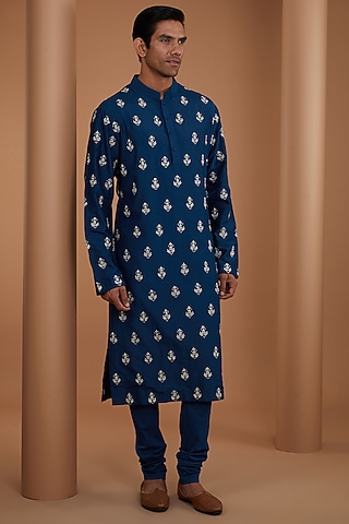 Navy Blue Silk Thread Embroidered Kurta Set by JAYANTI REDDY MEN