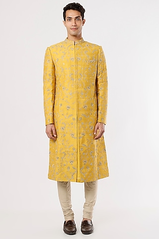 Mustard Raw Silk Zardosi Embroidered Sherwani Set by JAYANTI REDDY MEN