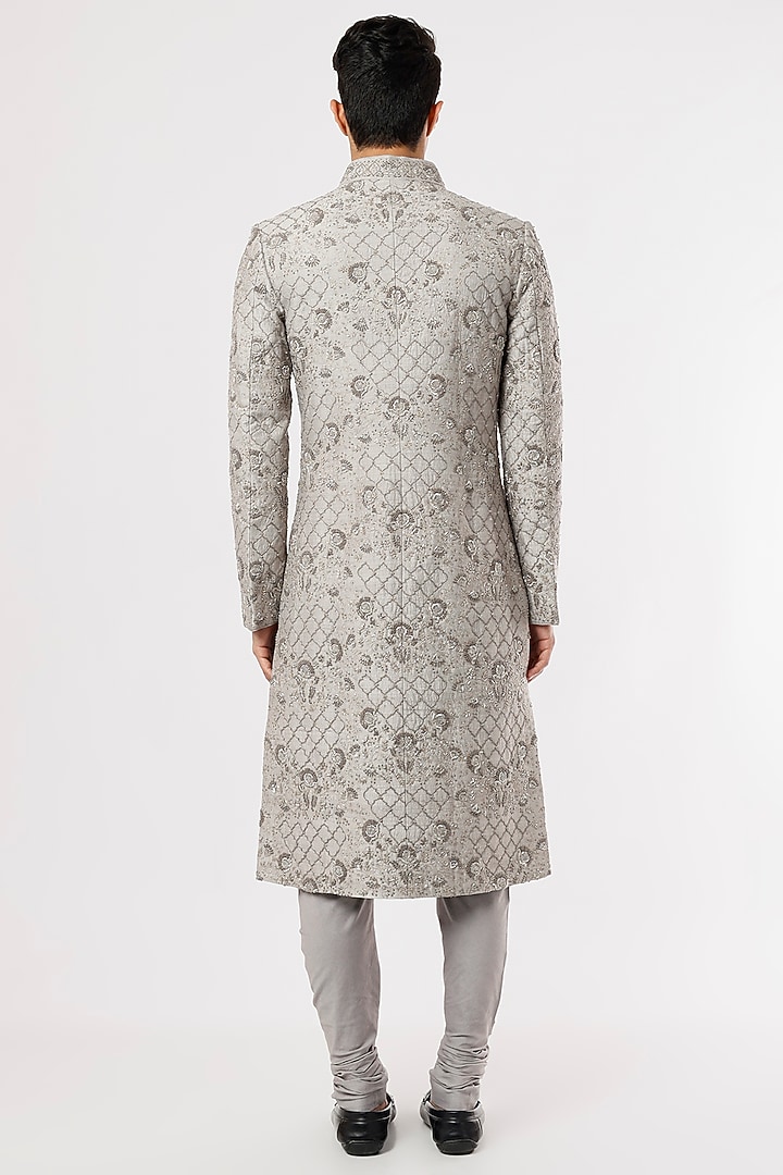 Grey Raw Silk Zardosi Embroidered Groom Sherwani Set by JAYANTI REDDY MEN at Pernia's Pop Up Shop