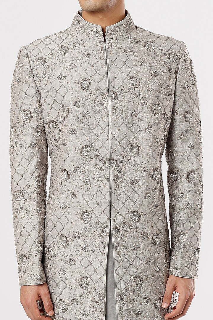 Grey Raw Silk Zardosi Embroidered Groom Sherwani Set by JAYANTI REDDY MEN at Pernia's Pop Up Shop