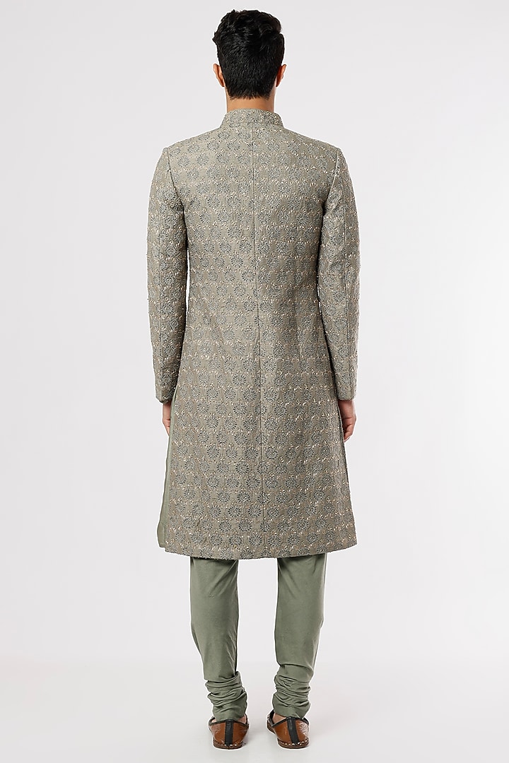 Olive Grey Raw Silk Zardosi Embroidered Groom Sherwani Set by JAYANTI REDDY MEN at Pernia's Pop Up Shop