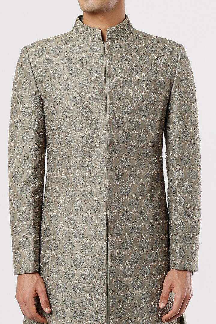 Olive Grey Raw Silk Zardosi Embroidered Groom Sherwani Set by JAYANTI REDDY MEN at Pernia's Pop Up Shop
