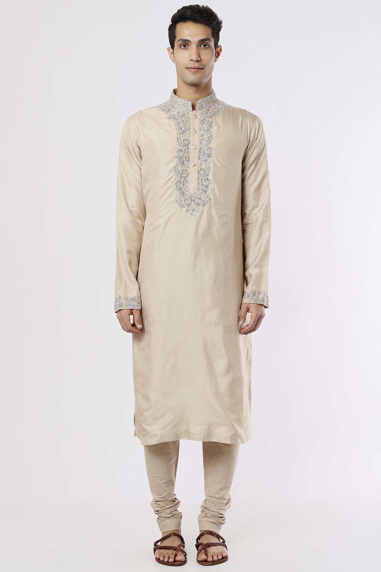 Beige Embroidered Kurta Set by JAYANTI REDDY MEN