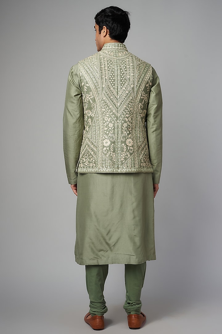 Green Silk Embroidered Bundi Jacket Set by JAYANTI REDDY MEN at Pernia's Pop Up Shop