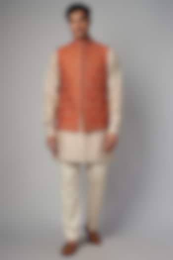 Orange Silk Embroidered Bundi Jacket Set by JAYANTI REDDY MEN