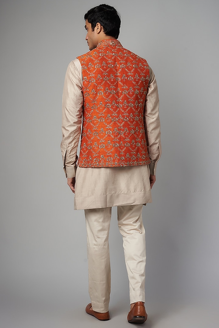 Orange Silk Embroidered Bundi Jacket Set by JAYANTI REDDY MEN at Pernia's Pop Up Shop