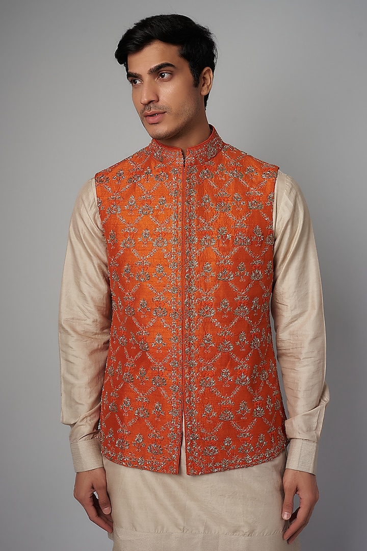 Orange Silk Embroidered Bundi Jacket Set by JAYANTI REDDY MEN at Pernia's Pop Up Shop