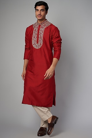 Red Silk Embroidered Kurta Set by JAYANTI REDDY MEN