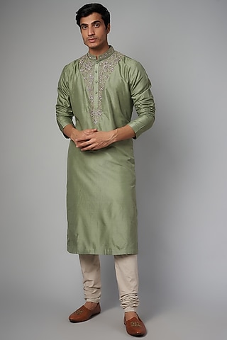 Mint Green Silk Embroidered Kurta Set by JAYANTI REDDY MEN