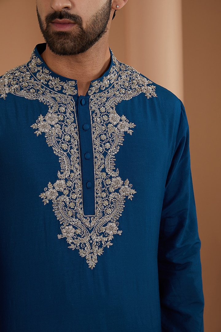Navy Blue Silk Embroidered Kurta Set by JAYANTI REDDY MEN at Pernia's Pop Up Shop