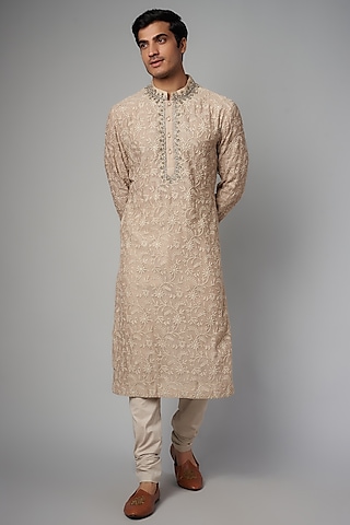 Ivory Silk Chikankari Embroidered Kurta Set by JAYANTI REDDY MEN