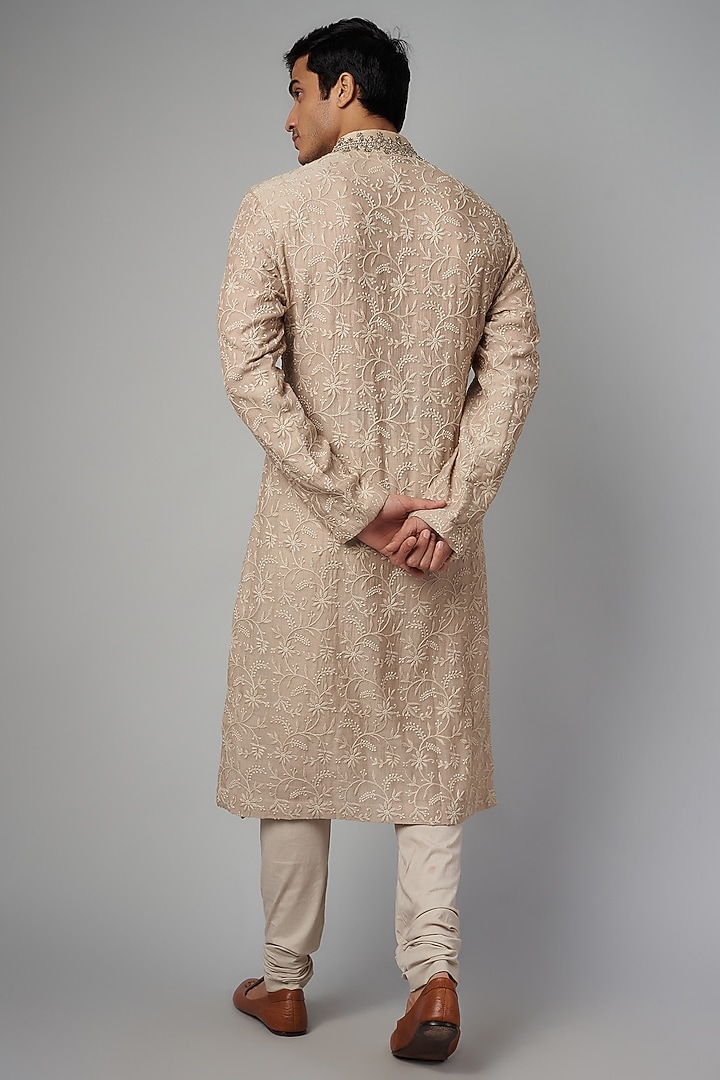 Ivory Silk Chikankari Embroidered Kurta Set by JAYANTI REDDY MEN at Pernia's Pop Up Shop