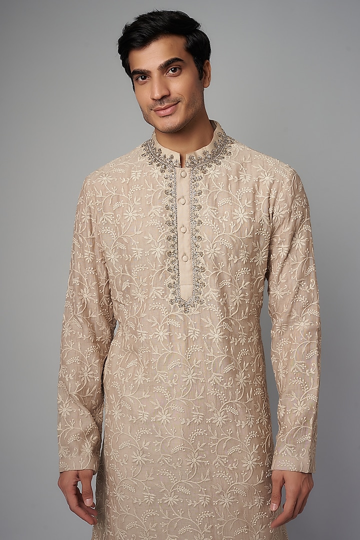 Ivory Silk Chikankari Embroidered Kurta Set by JAYANTI REDDY MEN at Pernia's Pop Up Shop
