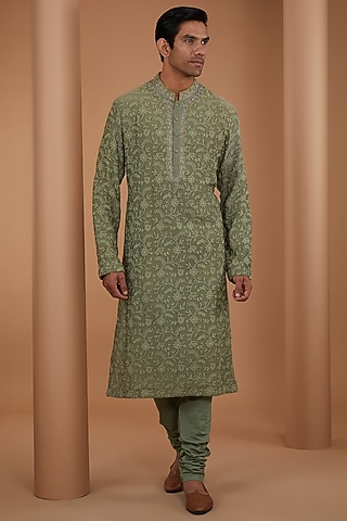 Mint Green Silk Embroidered Kurta Set by JAYANTI REDDY MEN