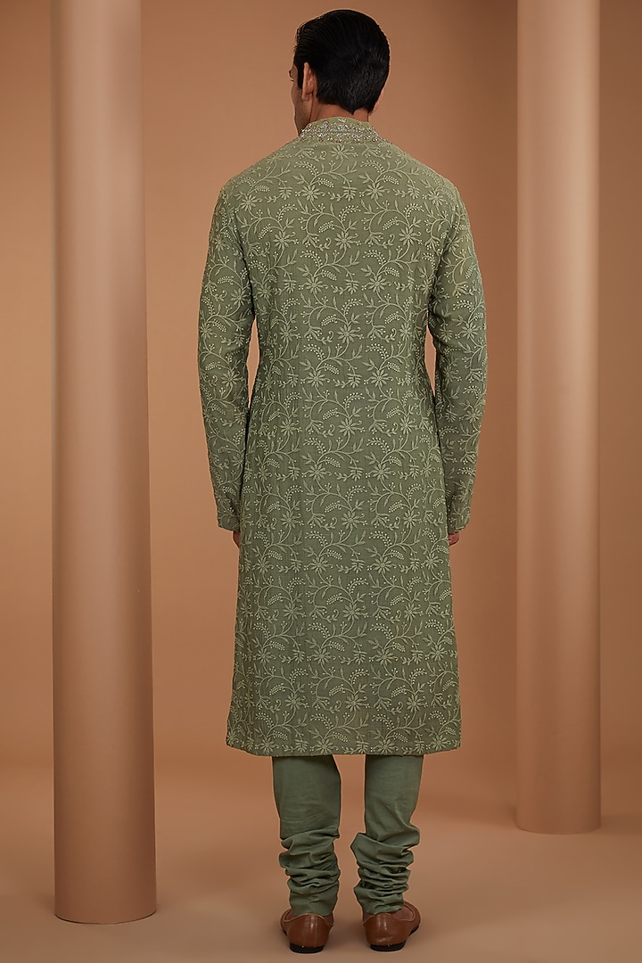Mint Green Silk Embroidered Kurta Set by JAYANTI REDDY MEN at Pernia's Pop Up Shop