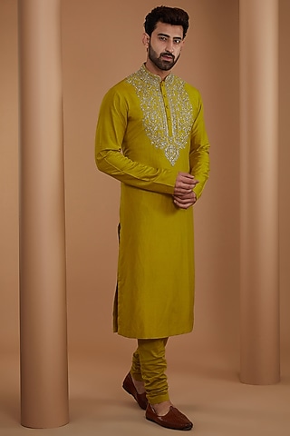 Mustard Silk Embroidered Kurta Set by JAYANTI REDDY MEN