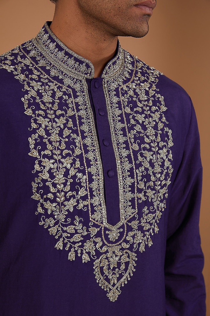 Purple Silk Embroidered Kurta Set by JAYANTI REDDY MEN at Pernia's Pop Up Shop