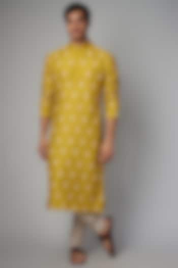 Mustard Yellow Silk Embroidered Kurta Set by JAYANTI REDDY MEN