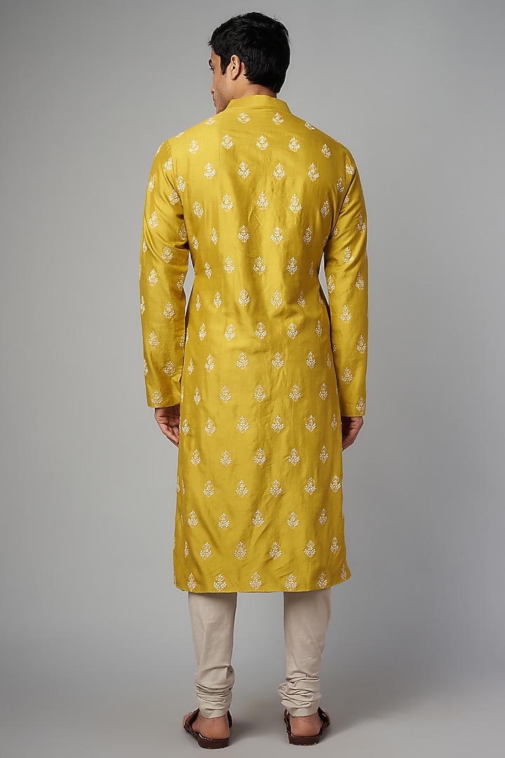 Mustard Yellow Silk Embroidered Kurta Set by JAYANTI REDDY MEN at Pernia's Pop Up Shop